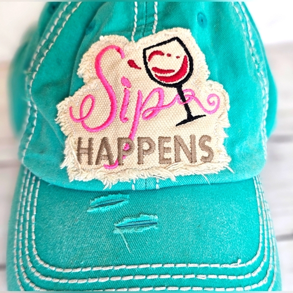 KBethos Vintage Turquoise Distressed Sip Happens Graphic Hat Cap Velcro Adjust - Picture 2 of 7